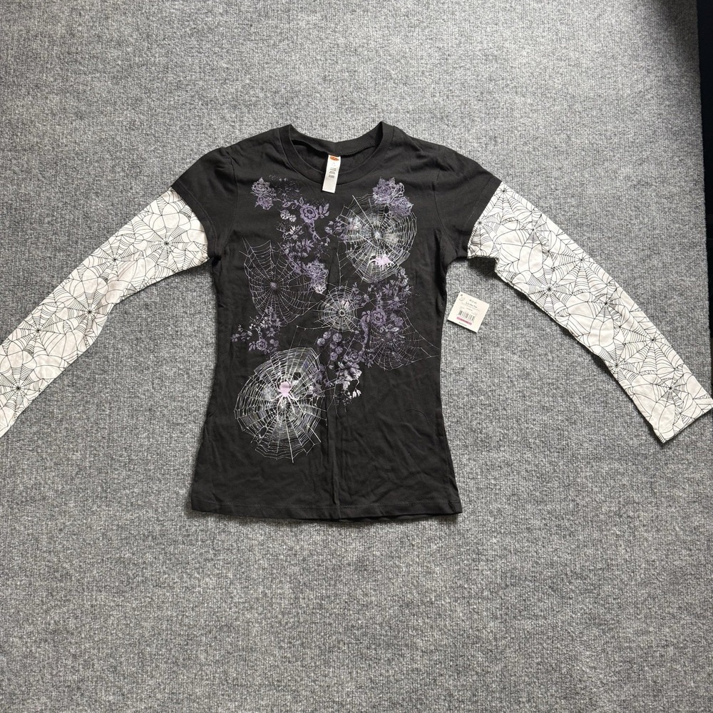 Youth M Halloween Spider Web Layered Long Sleeve T Shirt Gothic Graphic Tee NWT